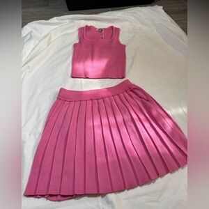 Pink Ribbed Tank Top and Pleated Skirt Set